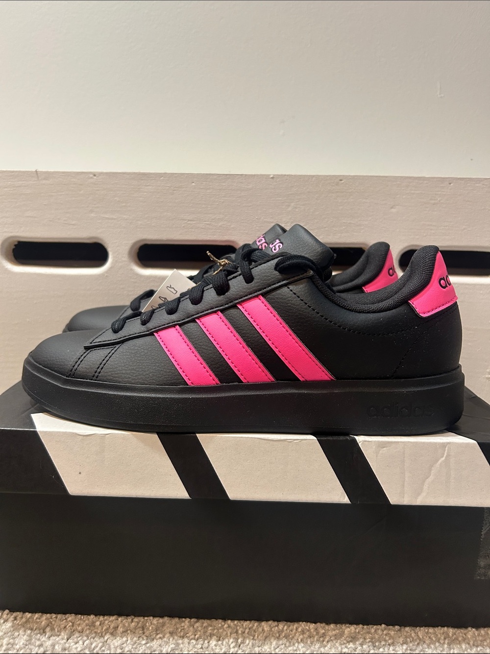 Adidas Grand Court 2.0 Black Sneakers with Hot Pink Stripes